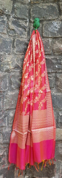 Pinkish red chanderi benaras  brocade duppata with all over jacquard weaving.