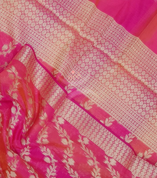 Pinkish red chanderi benaras  brocade duppata with all over jacquard weaving.