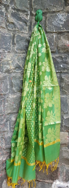 Green chanderi benaras  brocade duppata with all over jacquard weaving.