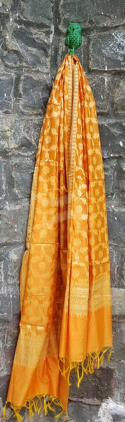 Mustard  chanderi benaras  brocade duppata with all over jacquard weaving.