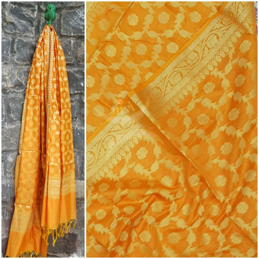 Mustard  chanderi benaras  brocade duppata with all over jacquard weaving.