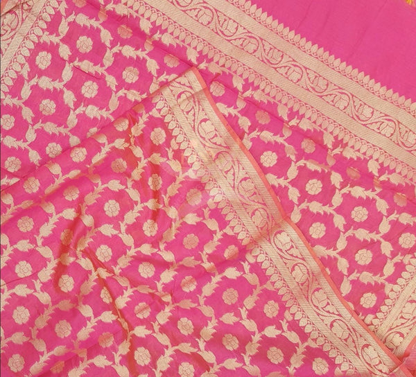 Pink chanderi benaras  brocade duppata with all over jacquard weaving.