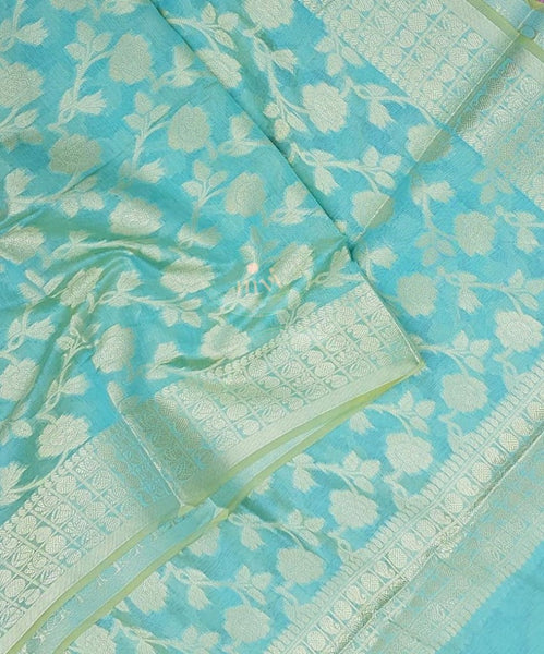 Blue chanderi benaras  brocade duppata with all over jacquard weaving.