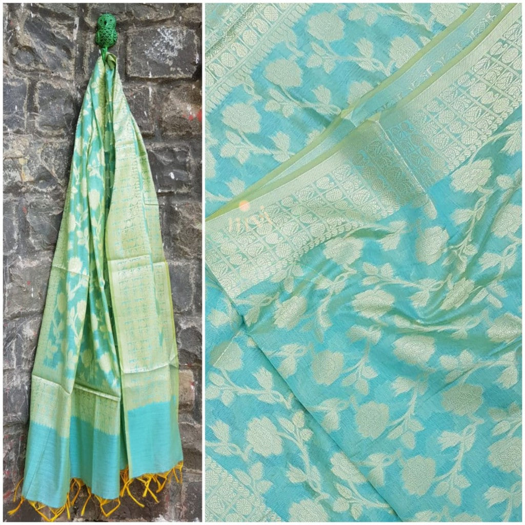 Blue chanderi benaras  brocade duppata with all over jacquard weaving.