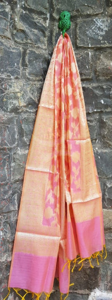Pink chanderi benaras  brocade duppata with all over jacquard weaving.