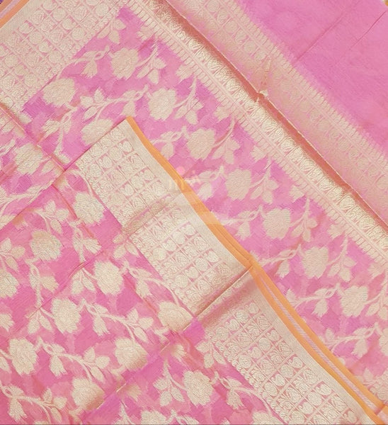 Pink chanderi benaras  brocade duppata with all over jacquard weaving.