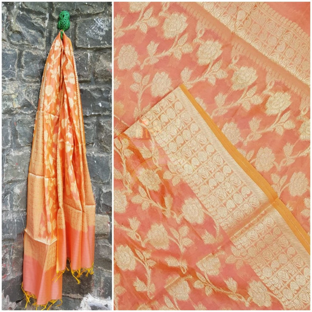 Peach chanderi benaras  brocade duppata with all over jacquard weaving.