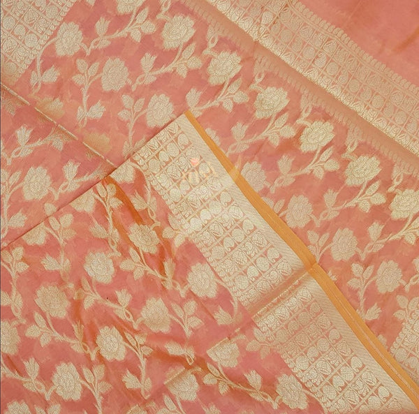 Peach chanderi benaras  brocade duppata with all over jacquard weaving.