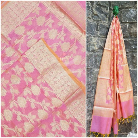 Pink chanderi benaras  brocade duppata with all over jacquard weaving.
