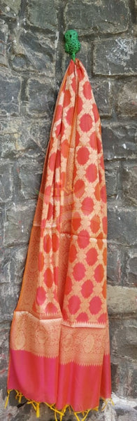 Pink chanderi benaras  brocade duppata with all over jacquard weaving.