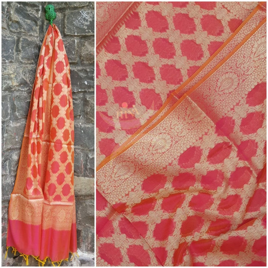 Pink chanderi benaras  brocade duppata with all over jacquard weaving.