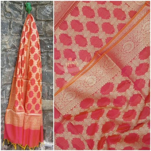 Pink chanderi benaras  brocade duppata with all over jacquard weaving.