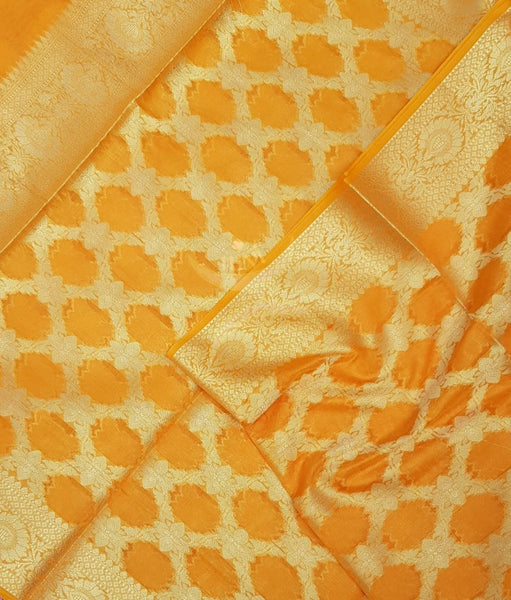Mustard chanderi benaras  brocade duppata with all over jacquard weaving.