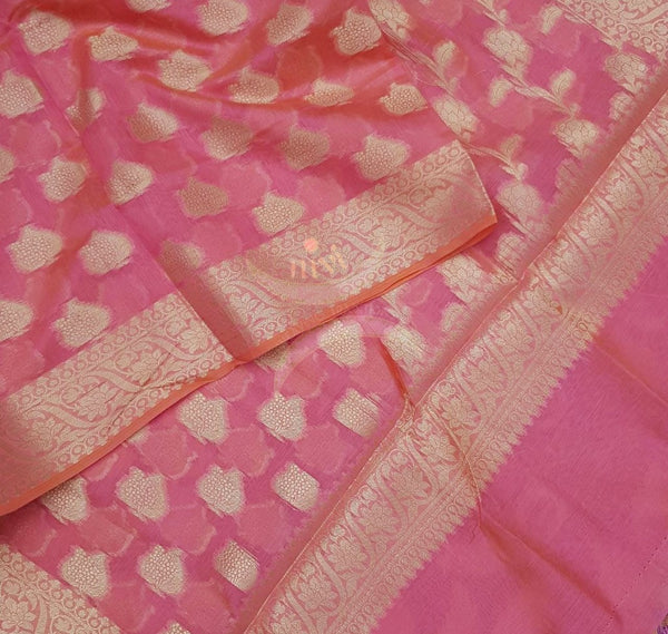 Pink chanderi benaras  brocade duppata with all over jacquard weaving.