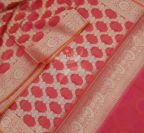 Pink chanderi benaras  brocade duppata with all over jacquard weaving.