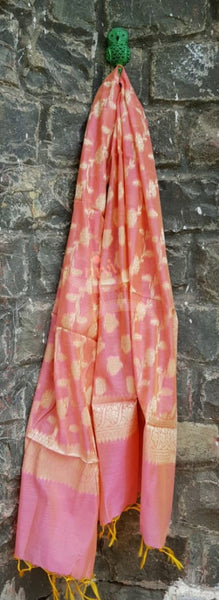 Pink chanderi benaras  brocade duppata with all over jacquard weaving.