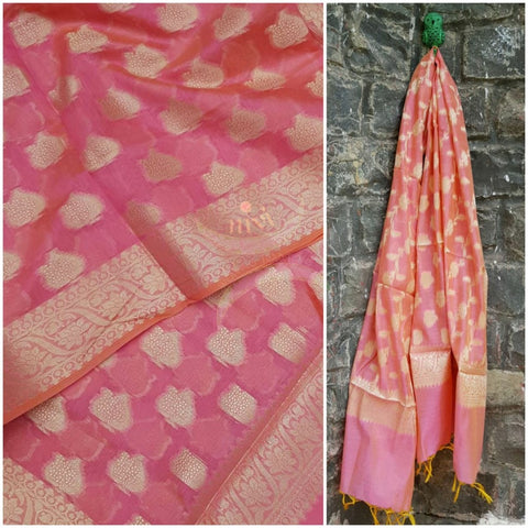 Pink chanderi benaras  brocade duppata with all over jacquard weaving.