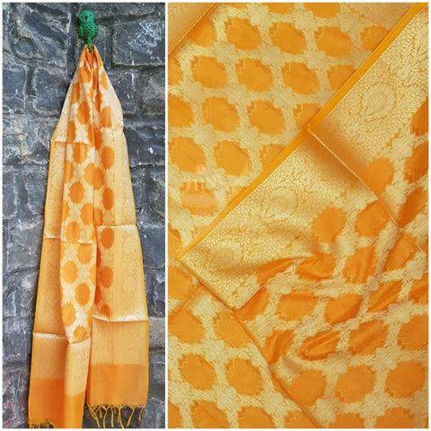 Mustard chanderi benaras  brocade duppata with all over jacquard weaving.
