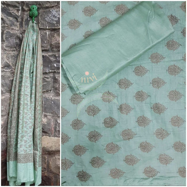 Pista green soft muslin silk benares brocade 3 piece suit