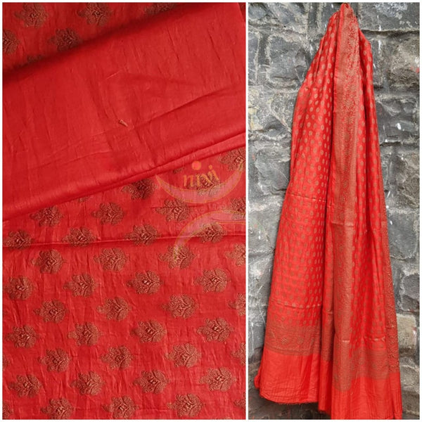 Red soft muslin silk benares brocade 3 piece suit