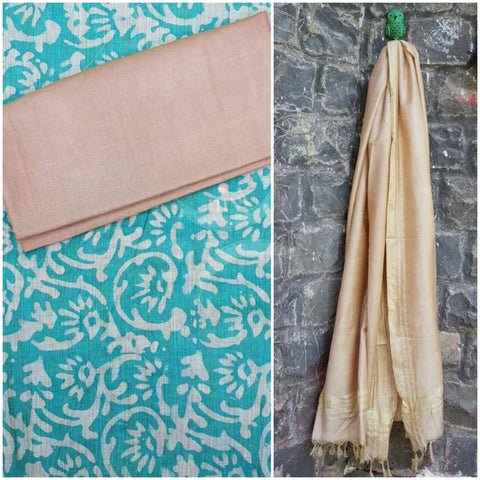 Sea green handloom muga silk batik 3 piece suit set