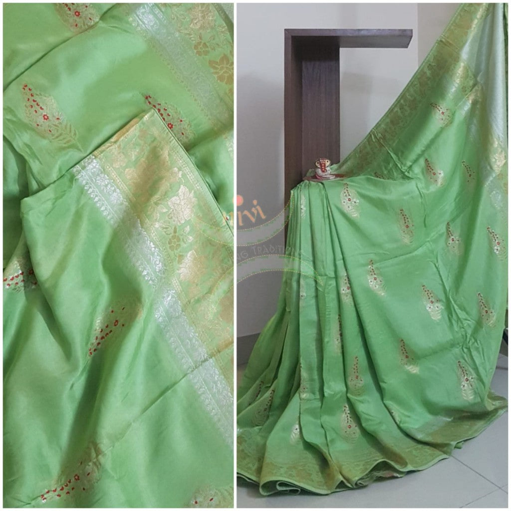 Sea green pure muga silk benaras brocade with allover brocade motif
