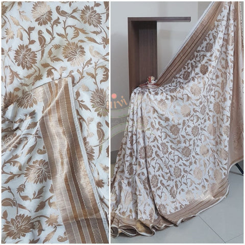 Off white pure muga silk benaras brocade with allover brocade motif