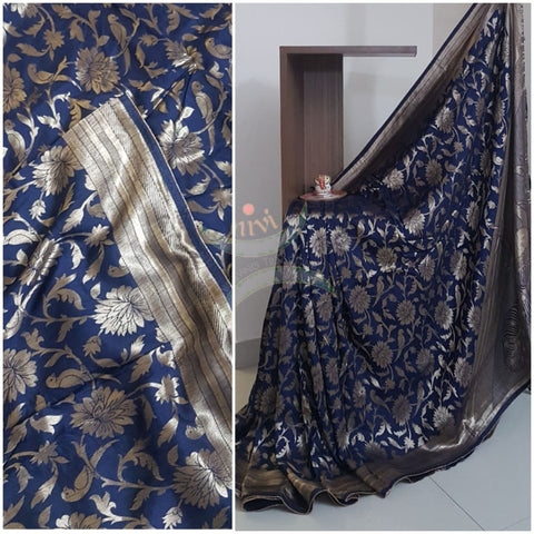 Navy blue pure muga silk benaras brocade with allover brocade motif