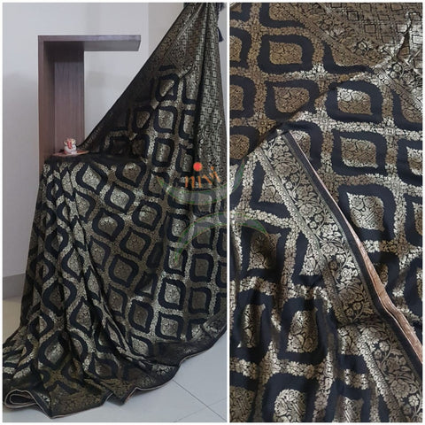 Black pure muga silk benaras brocade with allover brocade motif
