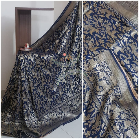 Navy blue pure muga silk benaras brocade with allover brocade motif
