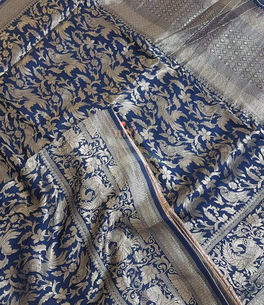 Navy blue pure muga silk benaras brocade with allover brocade motif