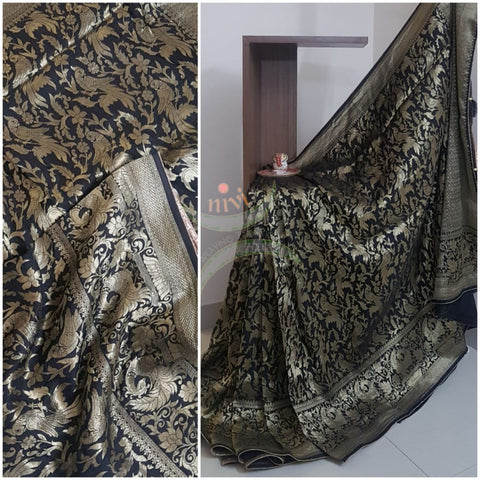 Black pure muga silk benaras brocade with allover brocade motif