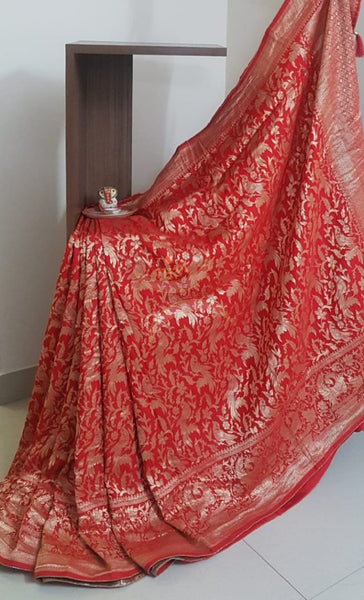 Red pure muga silk benaras brocade with allover brocade motif