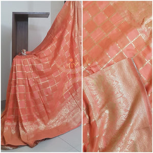 Peach chequered pure muga silk benaras brocade with allover brocade motif