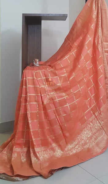 Peach chequered pure muga silk benaras brocade with allover brocade motif