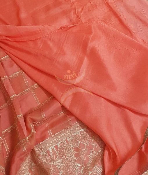 Peach chequered pure muga silk benaras brocade with allover brocade motif