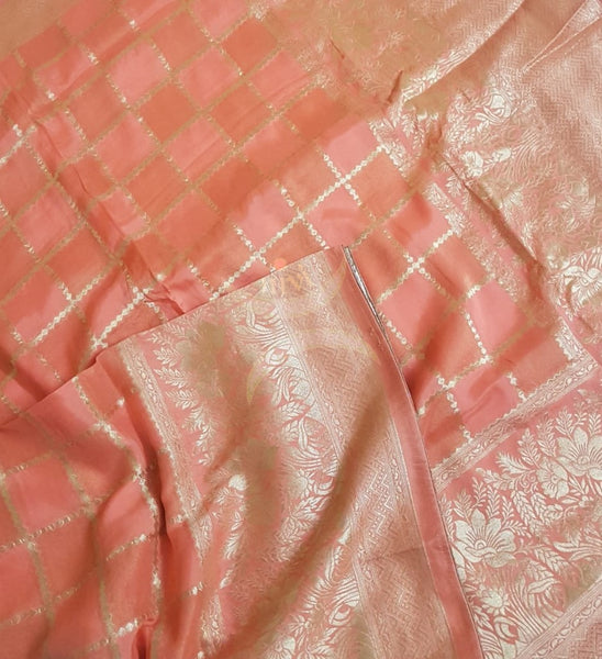 Peach chequered pure muga silk benaras brocade with allover brocade motif