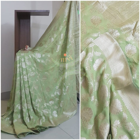 Pista green pure muga silk benaras brocade with allover brocade motif