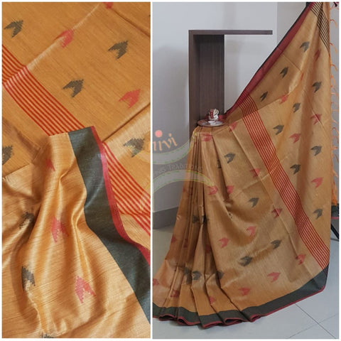 Yellow orangish linen handloom saree
