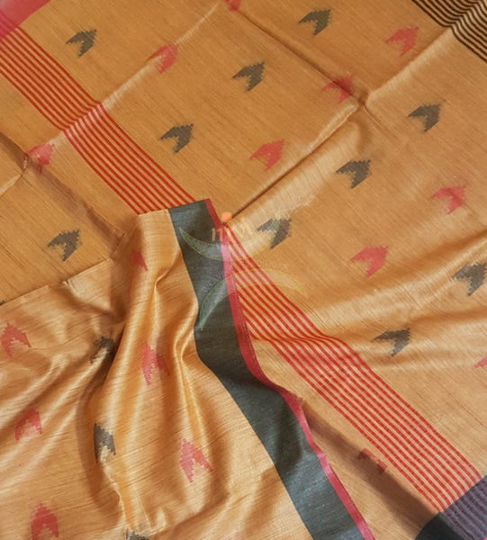 Yellow orangish linen handloom saree