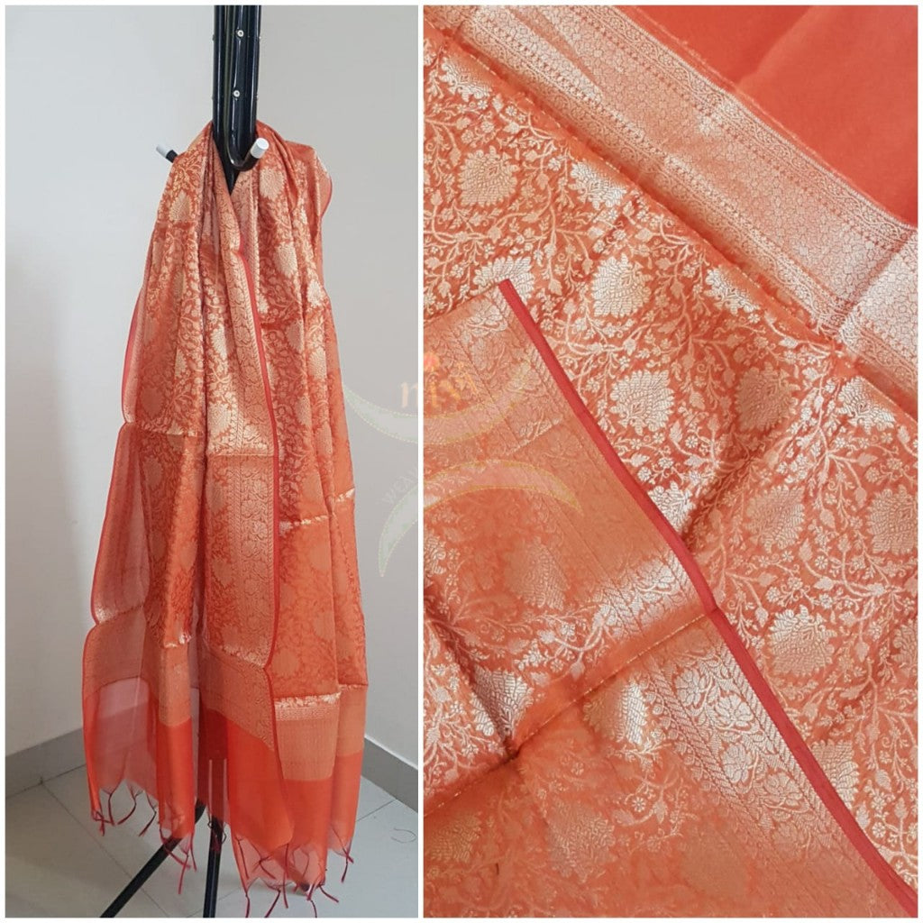 Orange chanderi benaras brocade dupatta