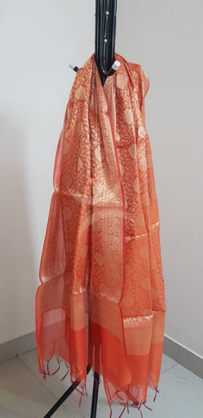 Orange chanderi benaras brocade dupatta