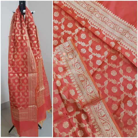Peach chanderi benaras brocade dupatta