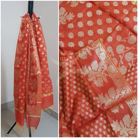 Orange red chanderi benaras brocade dupatta