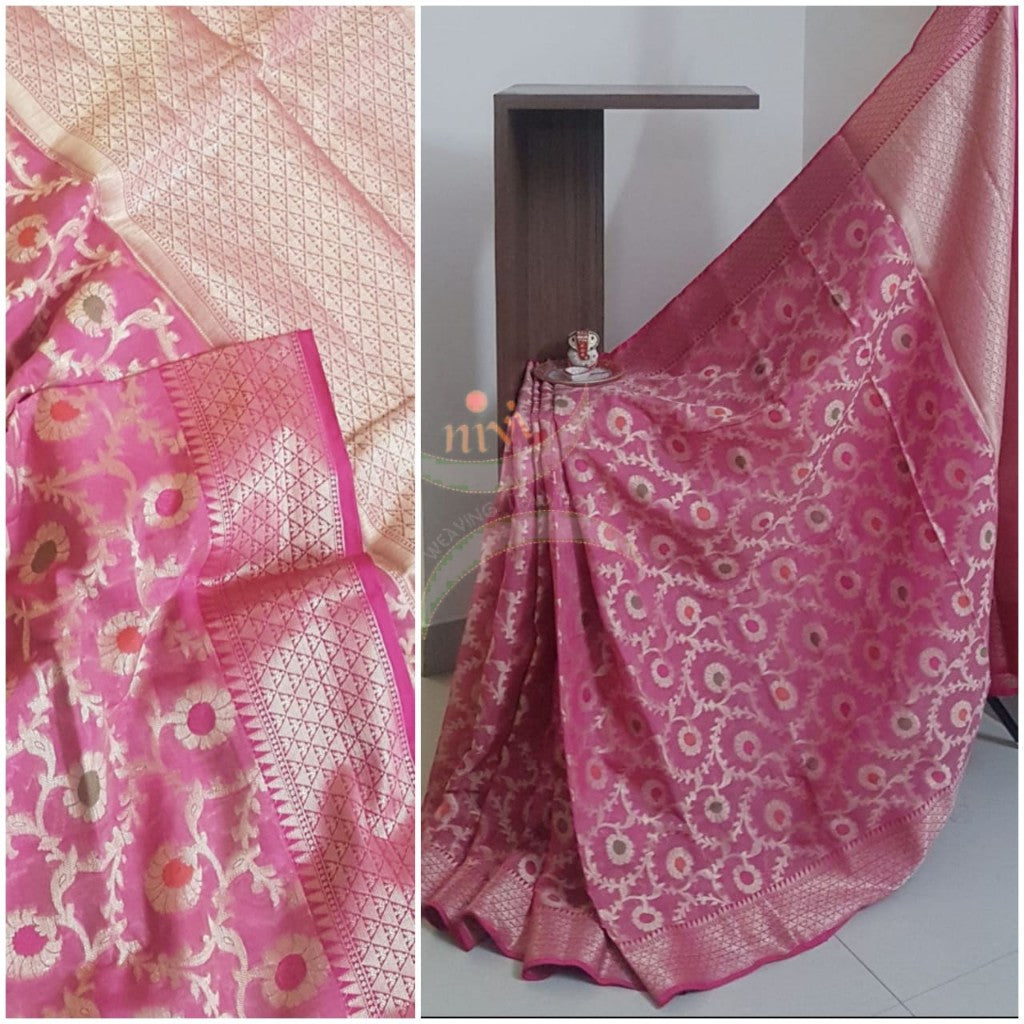 Pink benaras brocade silk saree with antique gold brocade