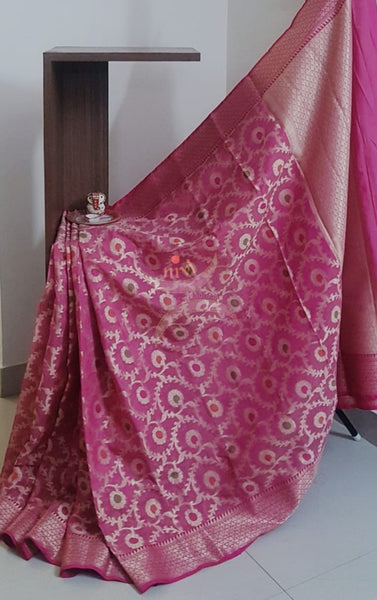 Pink benaras brocade silk saree with antique gold brocade