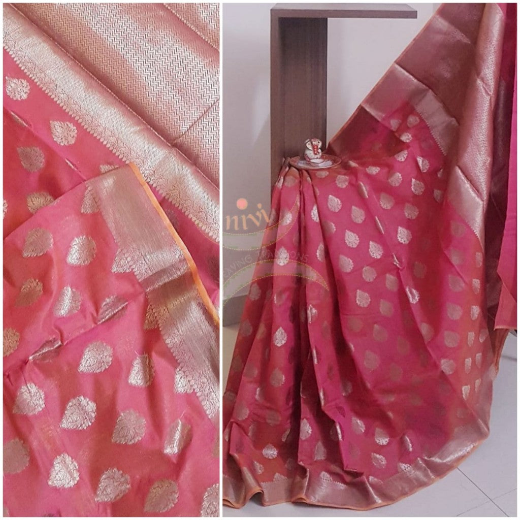 Pink benaras brocade silk saree with antique gold brocade