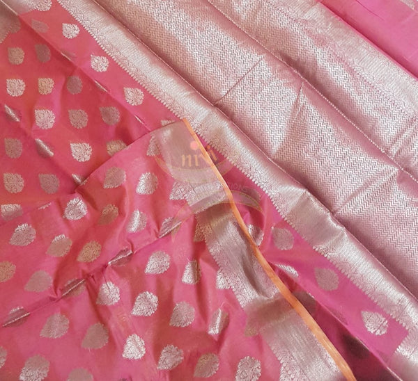 Pink benaras brocade silk saree with antique gold brocade