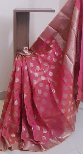 Pink benaras brocade silk saree with antique gold brocade