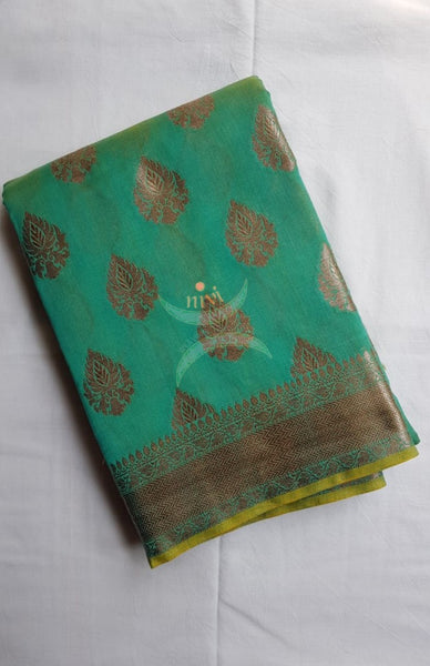 Peacock green benaras brocade silk saree with antique gold brocade